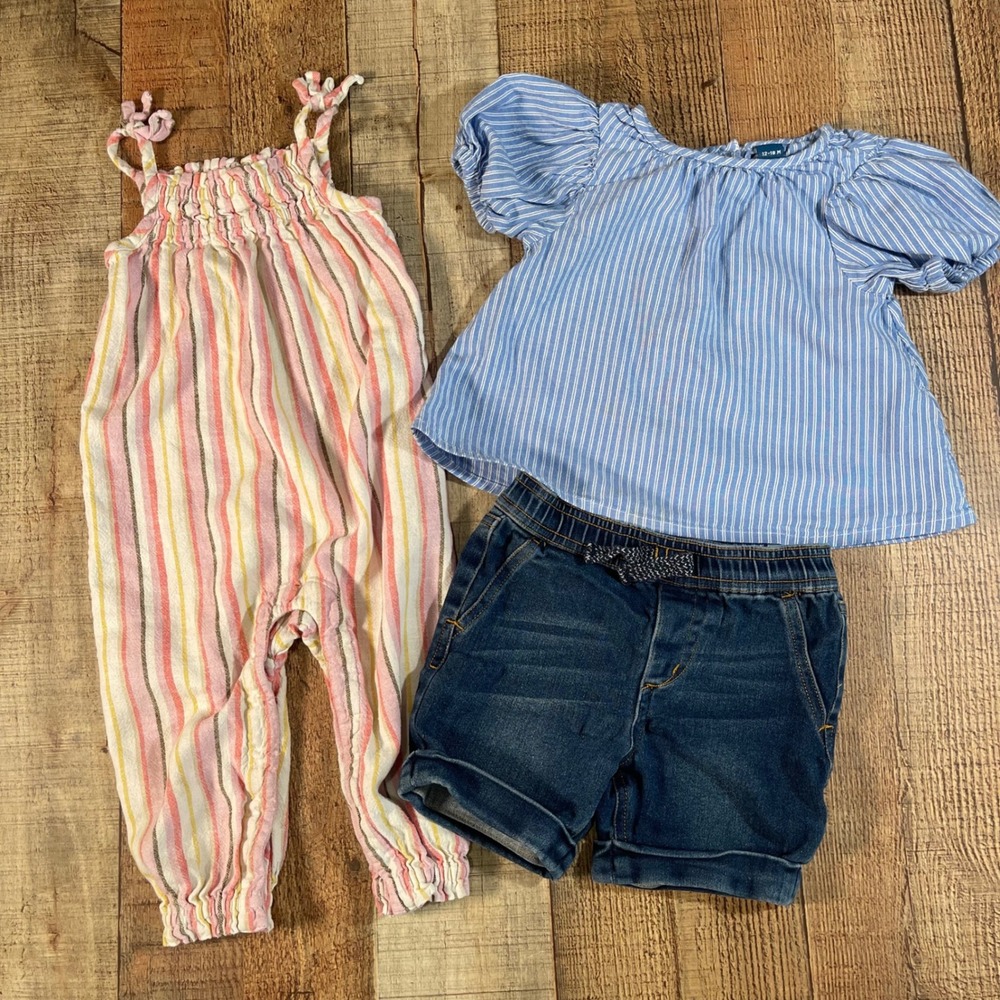 Old Navy Joe's Jeans Baby Girl Bundle Striped Jumpsuit Puff Top Denim Shorts 12M